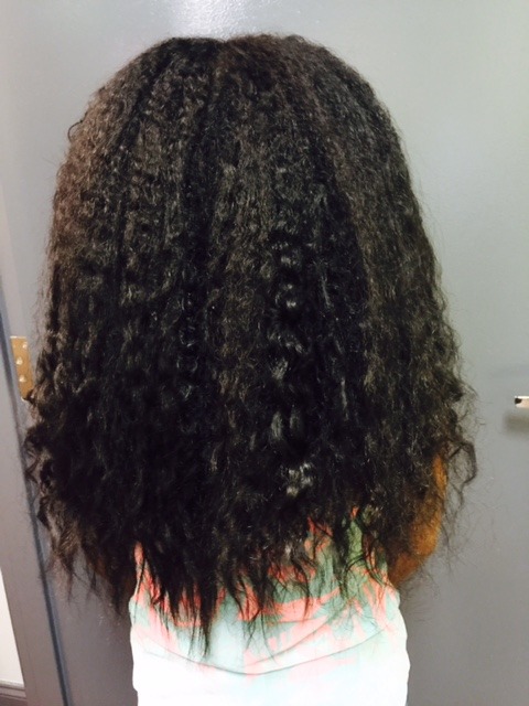 Client 3 before treatment: long curls with straight, damaged pieces, back view