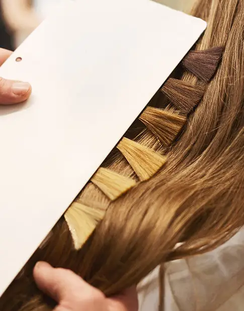 Stylist holding a hair color swatch card against a client's hair